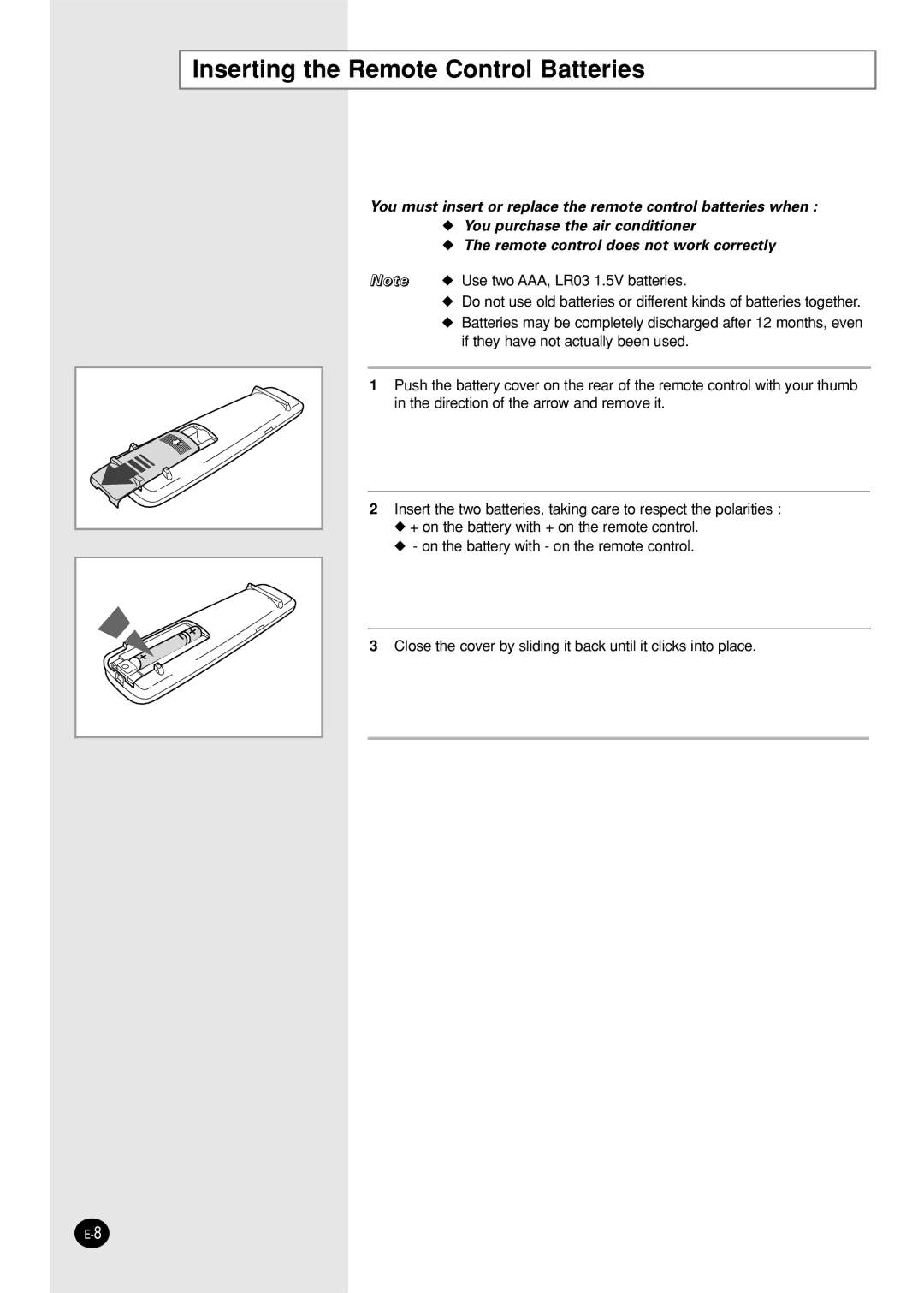 Samsung SC09AWHX, SC12AWHX, SC12ZWH manual Inserting the Remote Control Batteries 