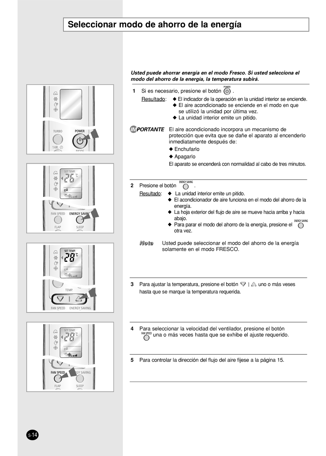 Samsung SC12AWHX, SC09AWHX manual Seleccionar modo de ahorro de la energía 