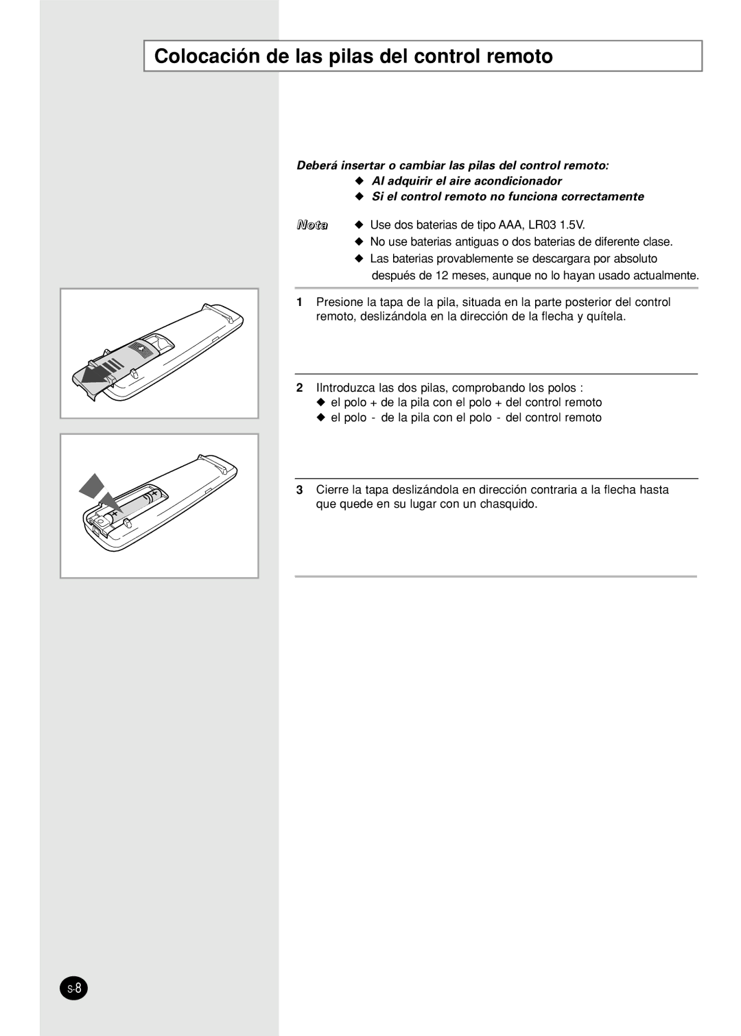 Samsung SC12AWHX, SC09AWHX manual Colocación de las pilas del control remoto 