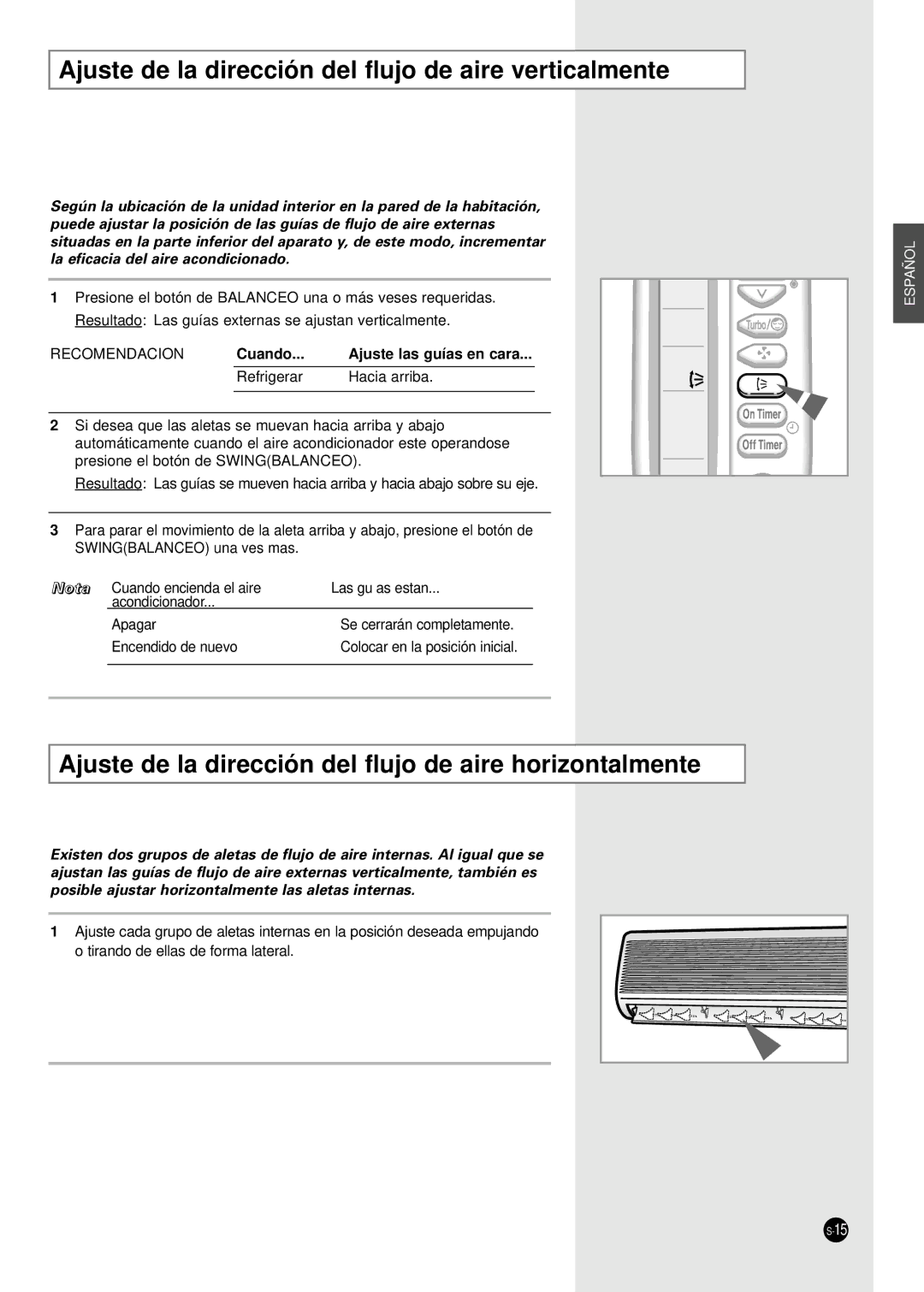 Samsung SC12ZA9, SC09ZA8 manual Ajuste de la dirección del flujo de aire verticalmente 