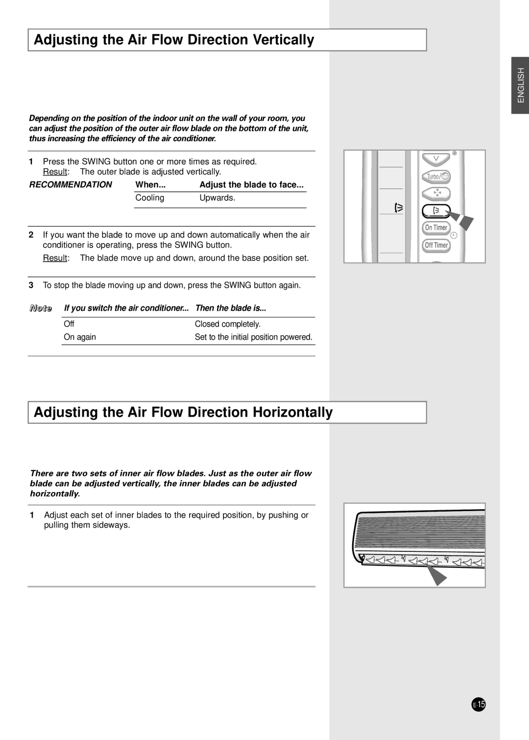 Samsung SC12ZA9, SC09ZA8 manual Adjusting the Air Flow Direction Vertically, Adjusting the Air Flow Direction Horizontally 