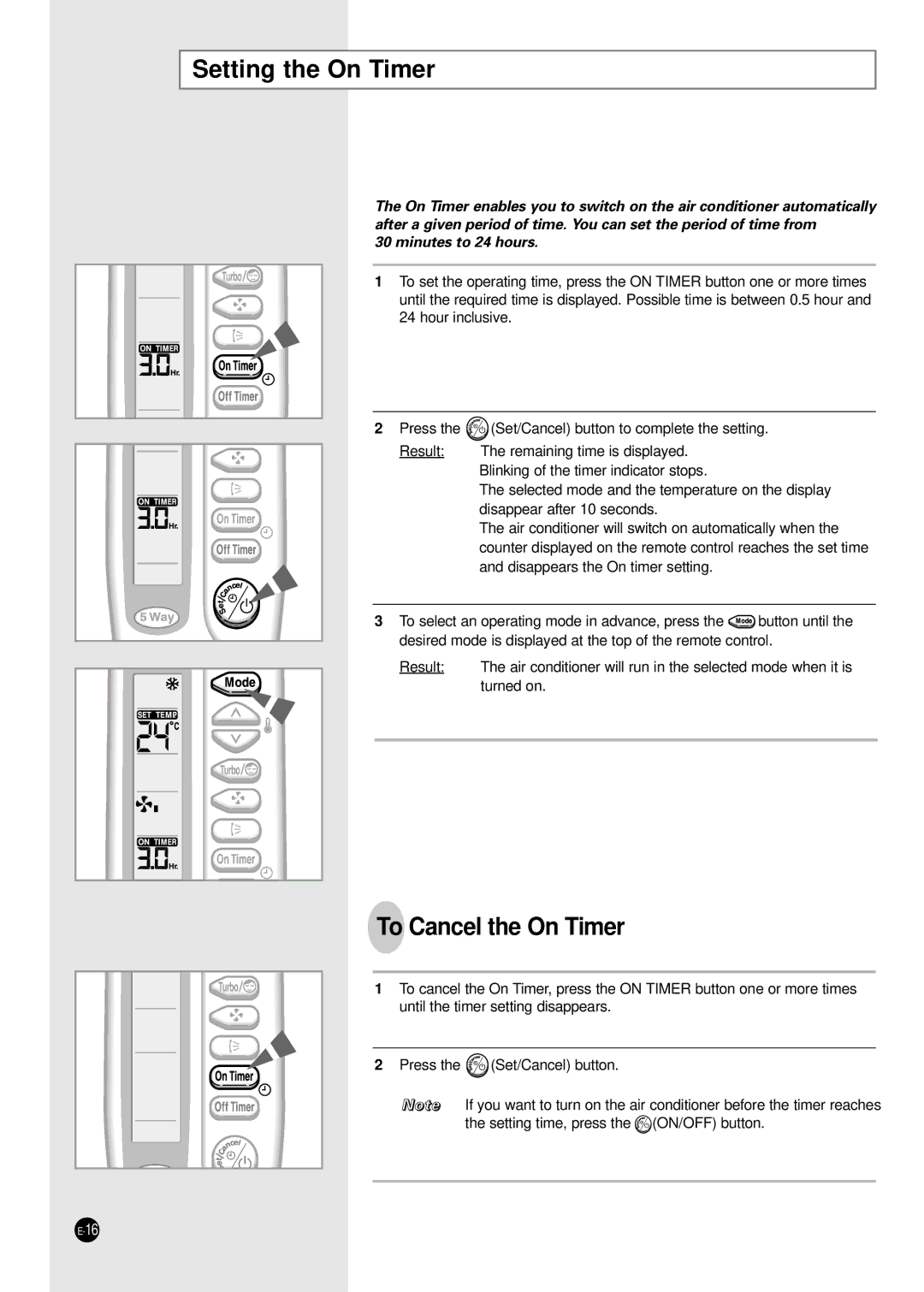 Samsung SC09ZA8, SC12ZA9 manual Setting the On Timer, To Cancel the On Timer 