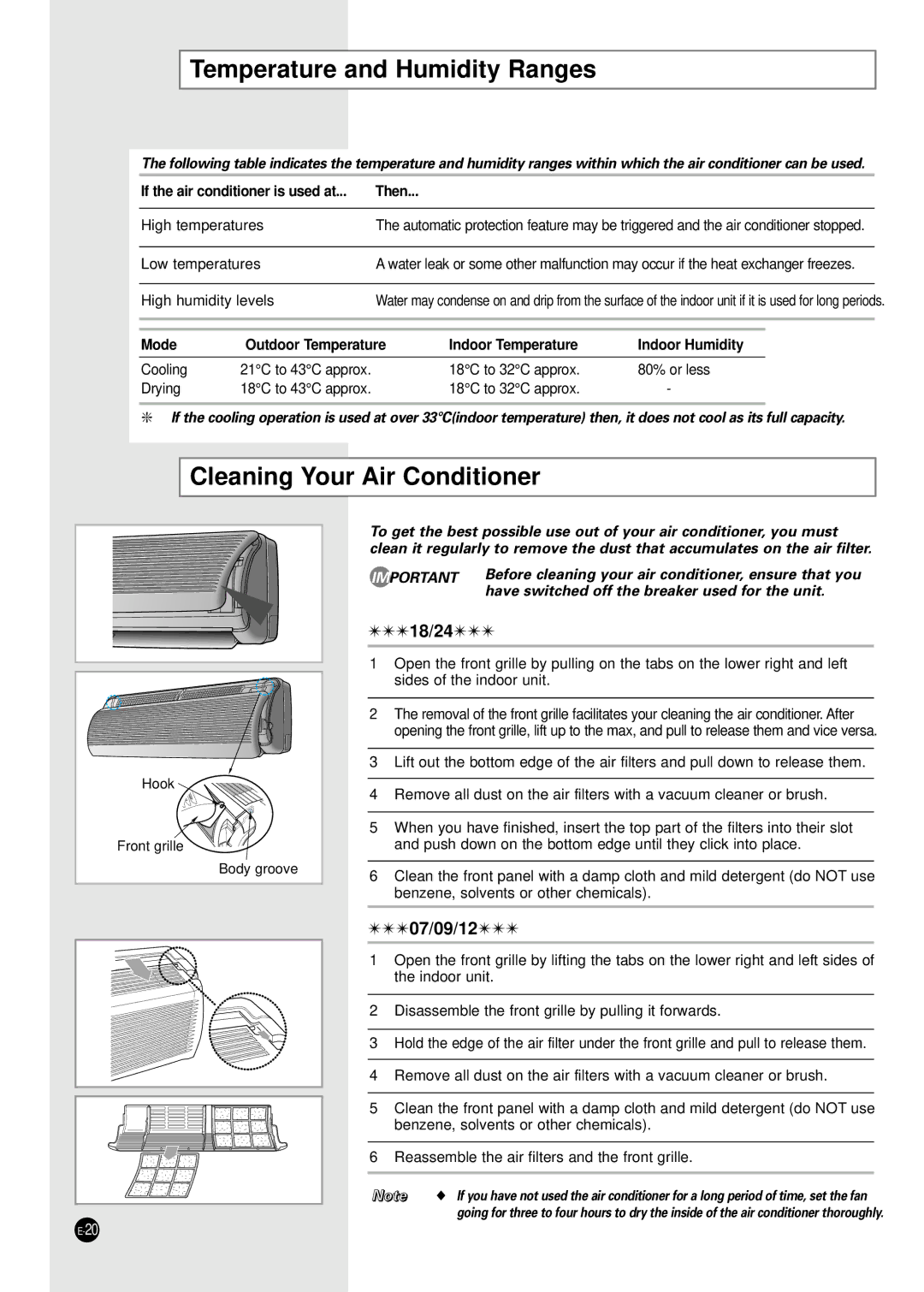 Samsung SC09ZA8 Temperature and Humidity Ranges, Cleaning Your Air Conditioner, If the air conditioner is used at Then 