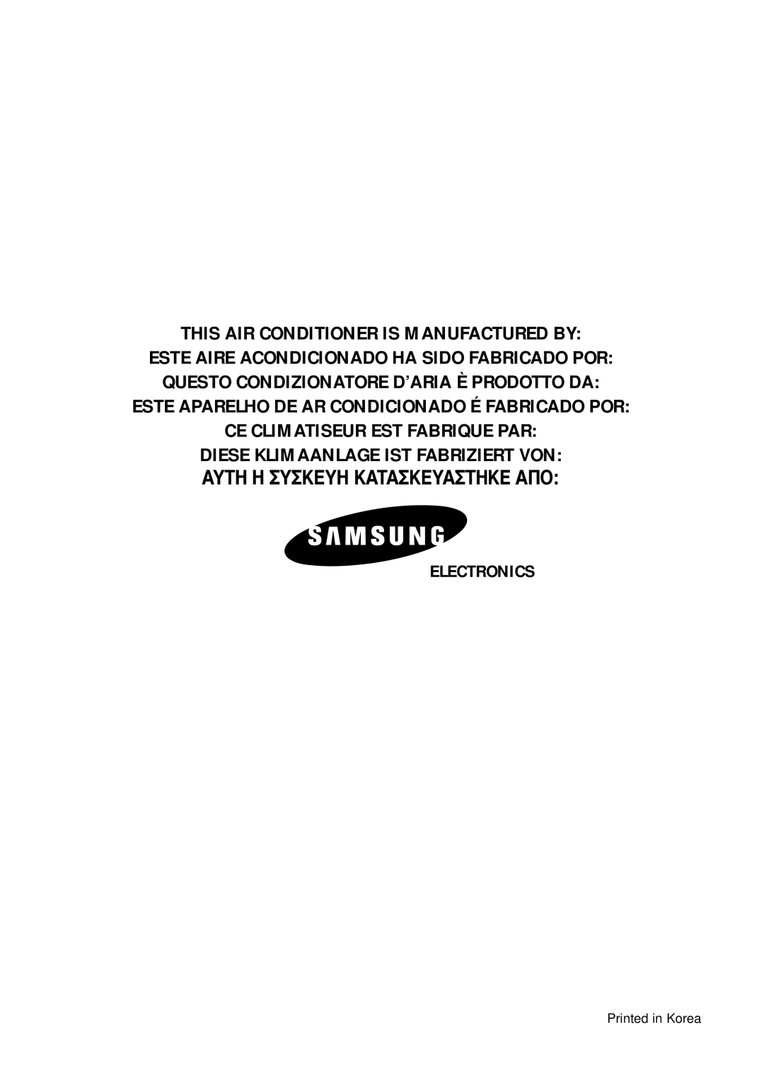 Samsung SC09ZA8, SC12ZA9 manual This AIR Conditioner is Manufactured by 