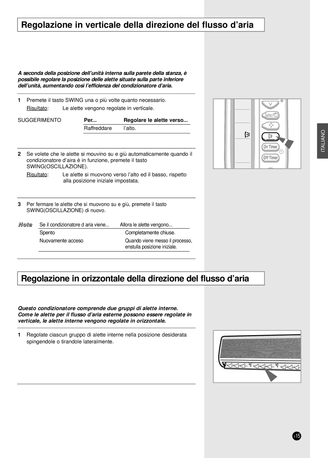 Samsung SC09ZA3A, SC12AA5X, SC09ZA7X, SC09ZA3X, SC09AA5X, SC07ZA3A Regolazione in verticale della direzione del flusso d’aria 