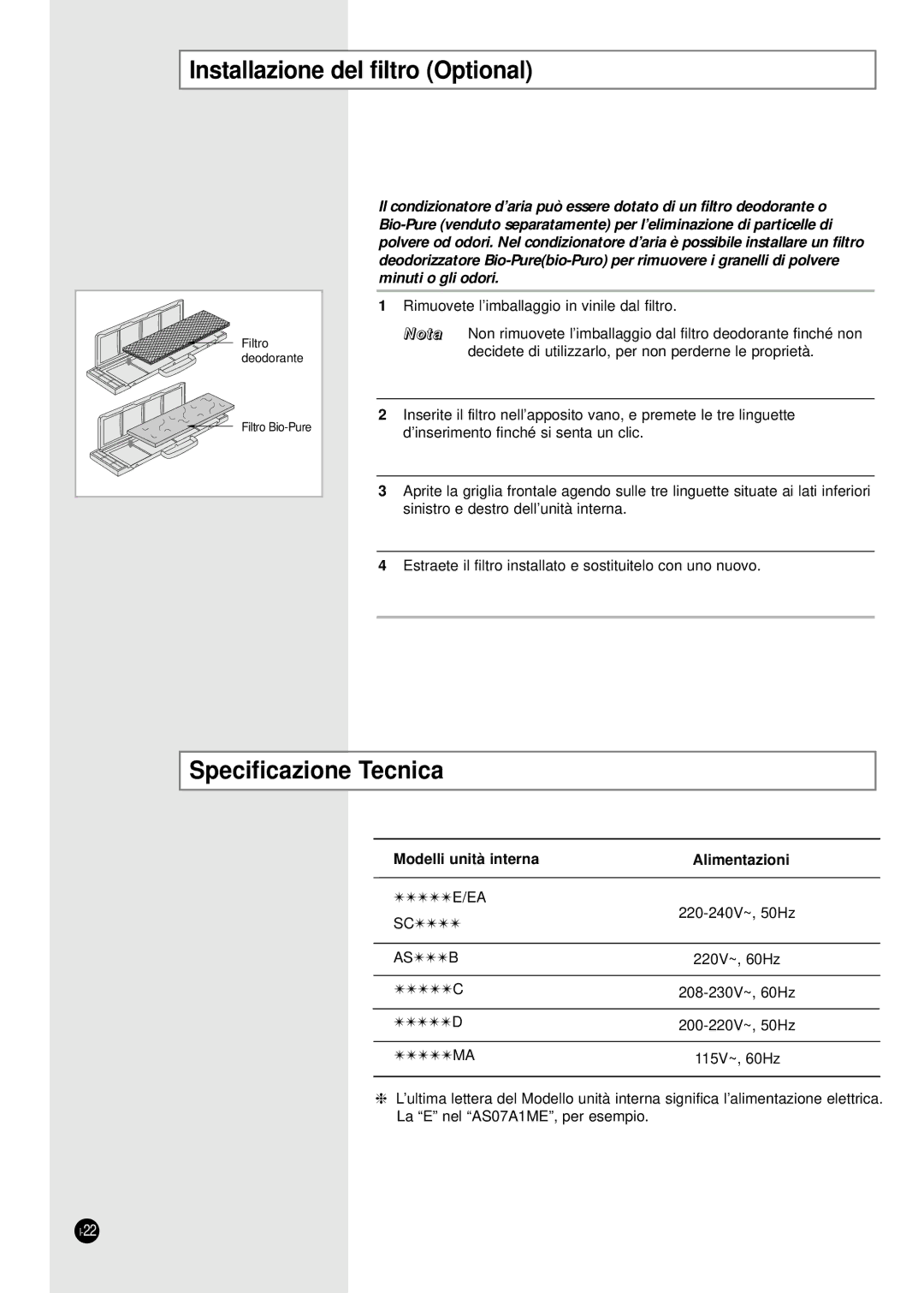 Samsung SC09ZA7X, SC12AA5X Installazione del filtro Optional, Specificazione Tecnica, Modelli unità interna Alimentazioni 