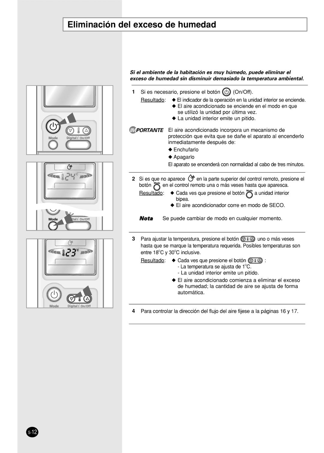 Samsung SC12APG manual Eliminación del exceso de humedad 