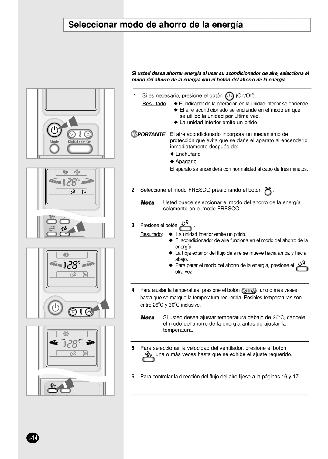 Samsung SC12APG manual Seleccionar modo de ahorro de la energía, Si es necesario, presione el botón On/Off 