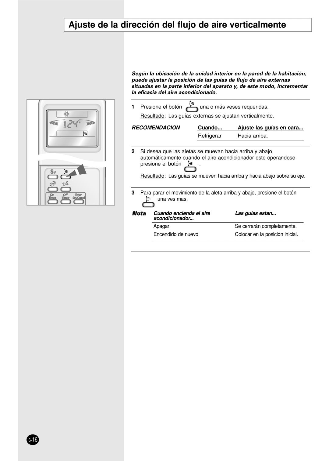 Samsung SC12APG manual Ajuste de la dirección del flujo de aire verticalmente, Recomendacion 