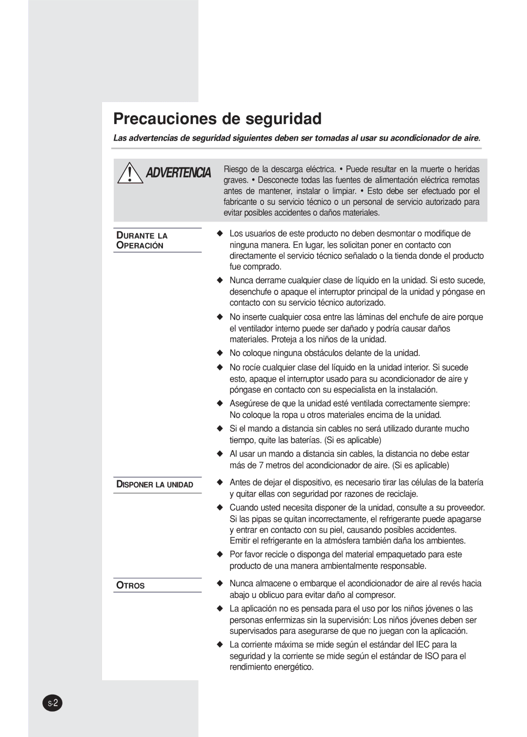 Samsung SC12APG manual Precauciones de seguridad 