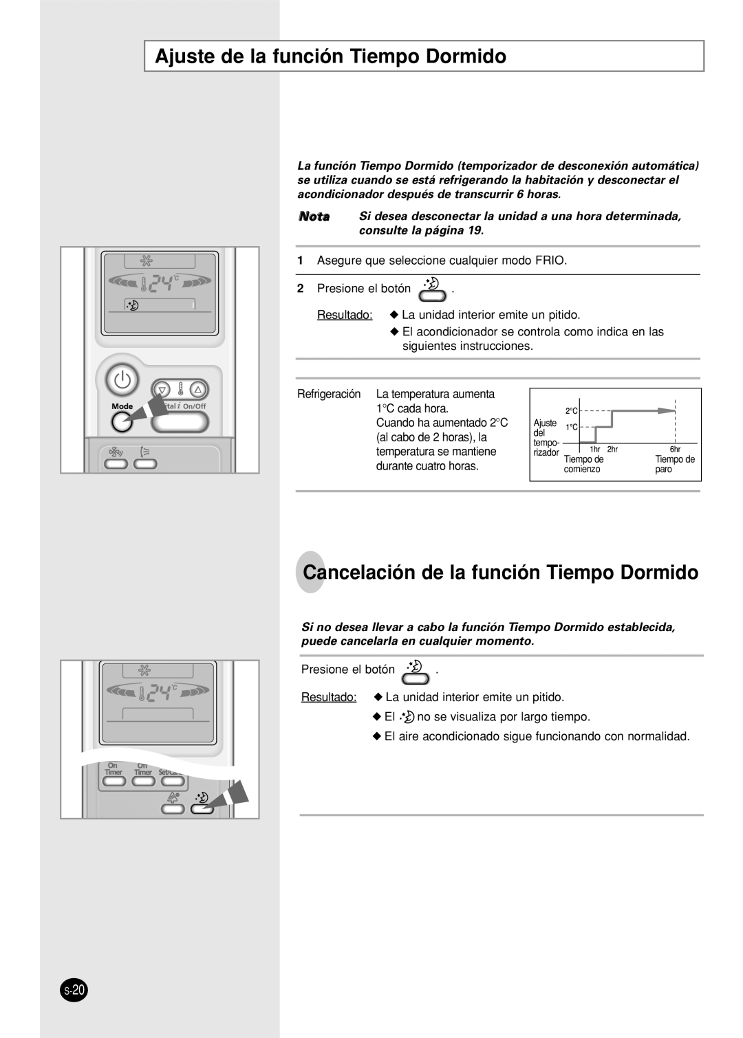 Samsung SC12APG manual Ajuste de la función Tiempo Dormido, Cancelación de la función Tiempo Dormido 