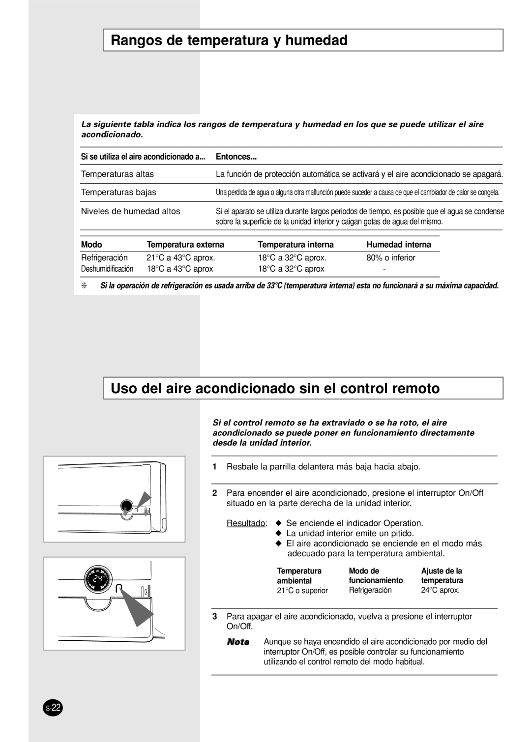 Samsung SC12APG manual Rangos de temperatura y humedad, Uso del aire acondicionado sin el control remoto 