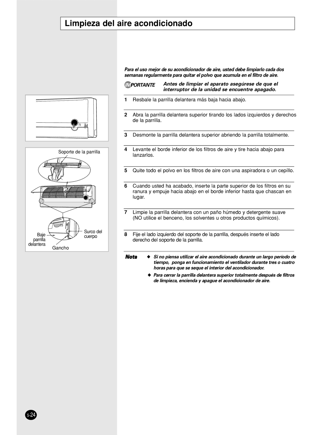 Samsung SC12APG manual Limpieza del aire acondicionado 