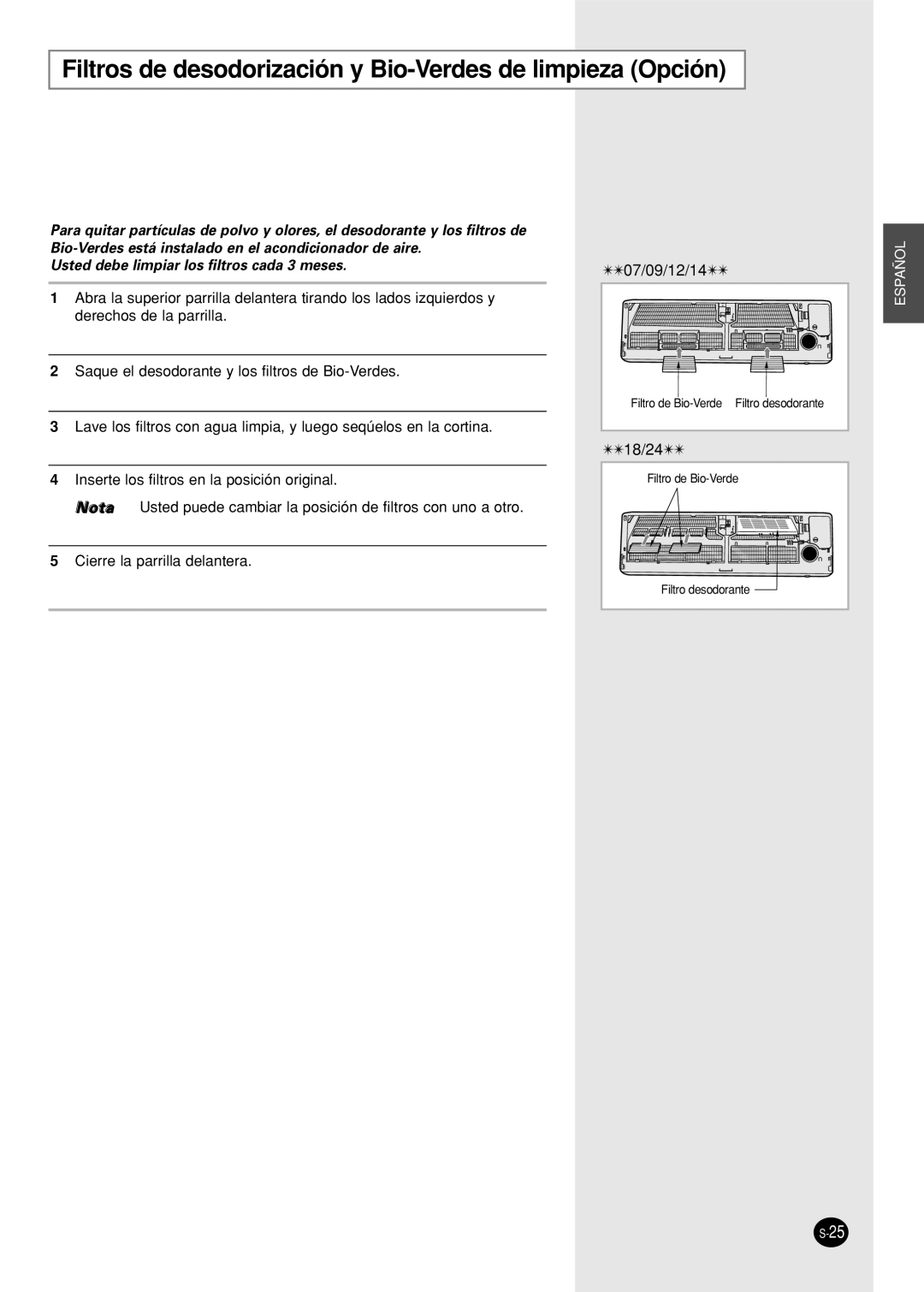 Samsung SC12APG manual Filtros de desodorización y Bio-Verdes de limpieza Opción 