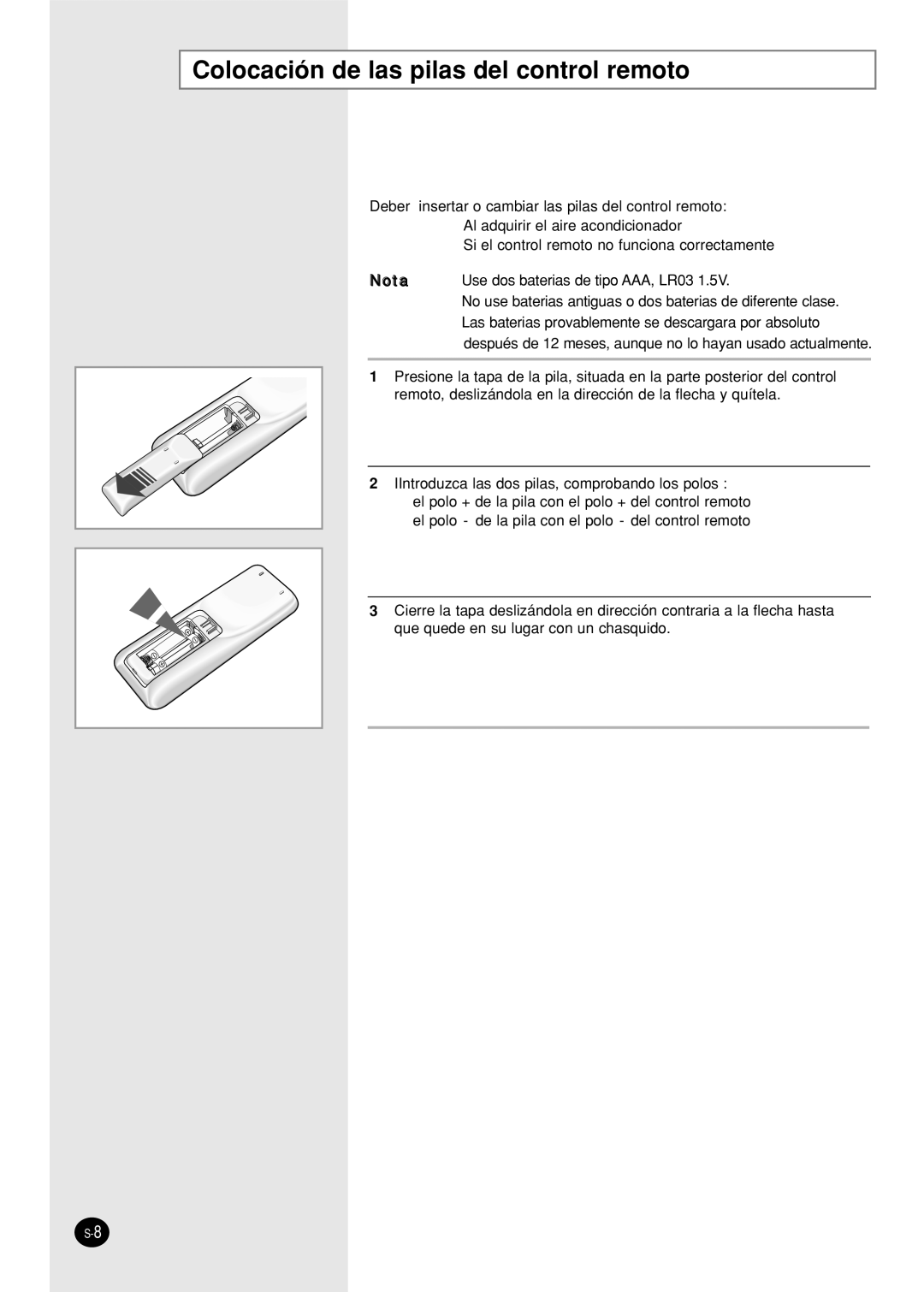 Samsung SC12APG manual Colocación de las pilas del control remoto 