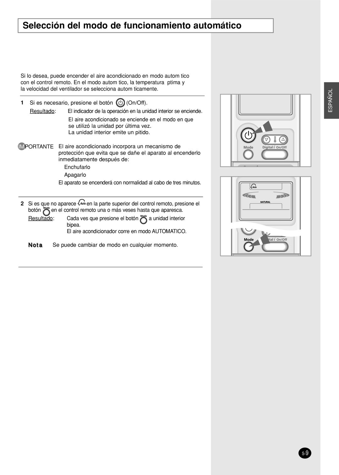 Samsung SC12APG manual Selección del modo de funcionamiento automático 