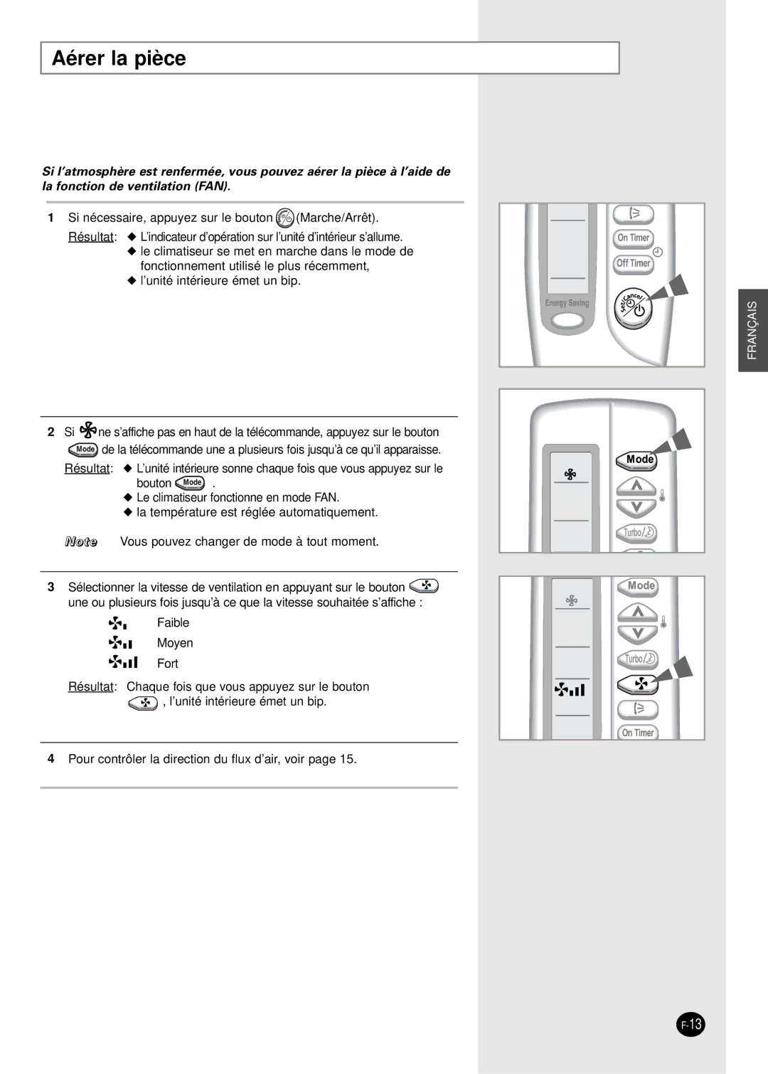 Samsung SC18AS0X, SC07AS2X, SC09AS2X, SC24AS6X, SC12AS4X manual Aérer la pièce 