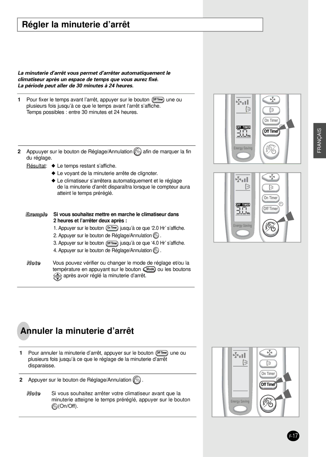 Samsung SC12AS4, SC07AS2X, SC18AS0X, SC09AS2X, SC24AS6X manual Régler la minuterie d’arrêt, Annuler la minuterie d’arrêt 