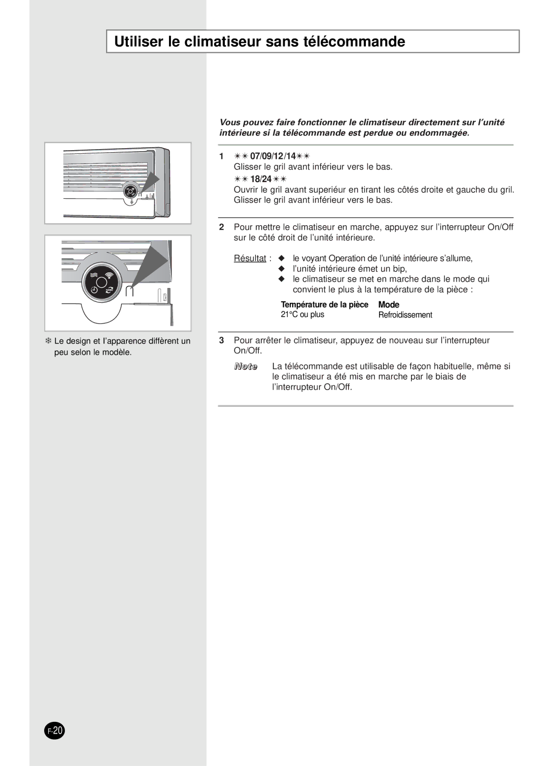 Samsung SC07AS2X, SC18AS0X, SC09AS2X, SC24AS6X, SC12AS4X manual Utiliser le climatiseur sans télécommande, 07/09/12/14 