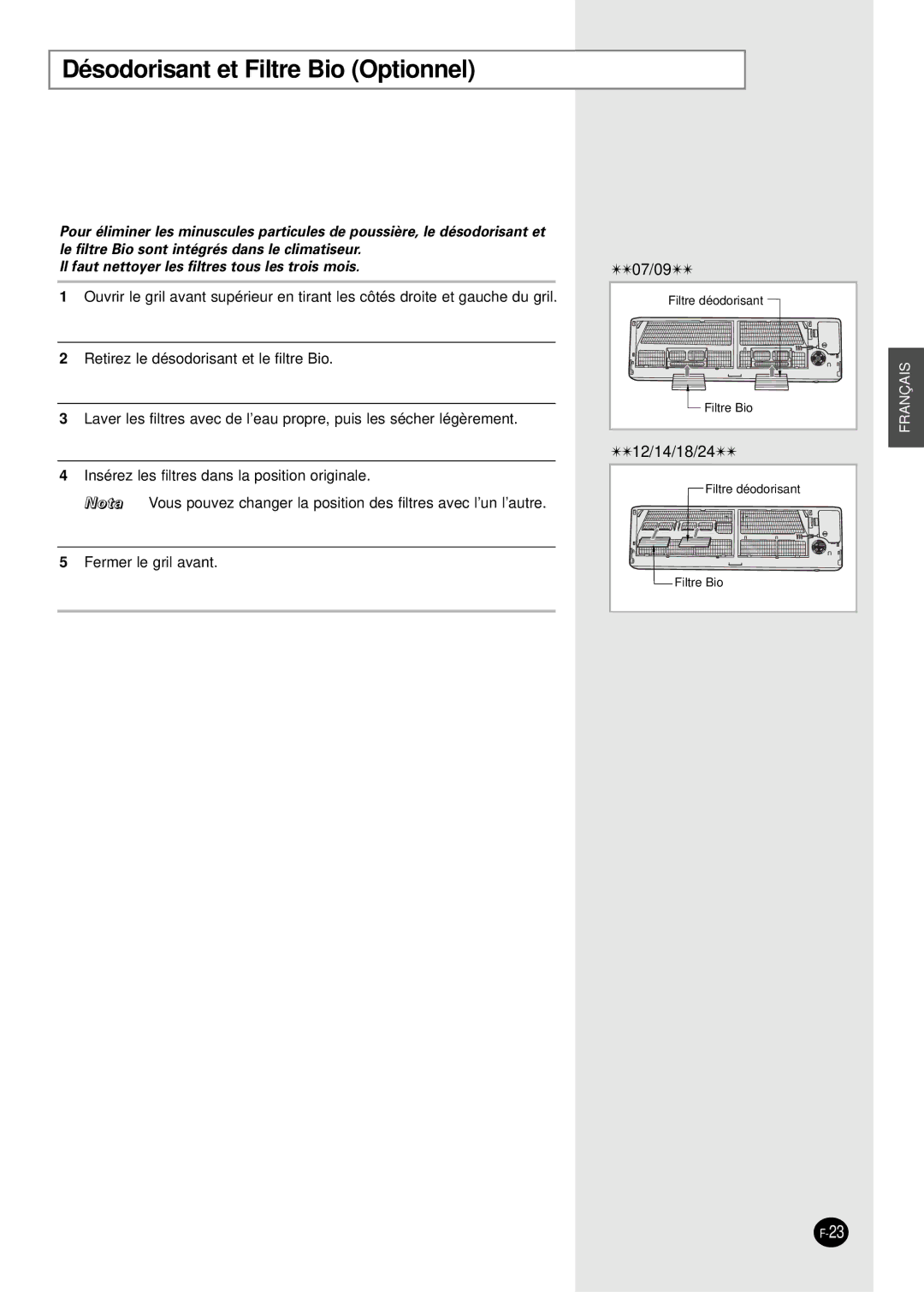 Samsung SC18AS0X, SC07AS2X, SC09AS2X, SC24AS6X, SC12AS4X manual Désodorisant et Filtre Bio Optionnel 