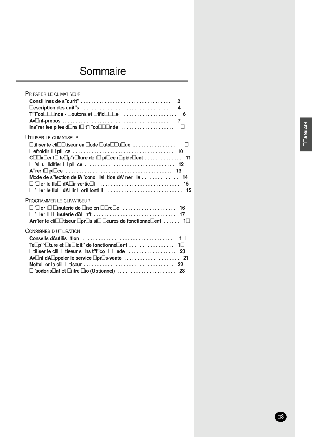 Samsung SC18AS0X, SC07AS2X, SC09AS2X, SC24AS6X, SC12AS4X manual Sommaire 