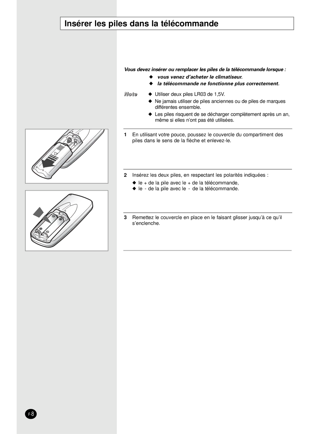 Samsung SC24AS6X, SC07AS2X, SC18AS0X, SC09AS2X, SC12AS4X manual Insérer les piles dans la télécommande 