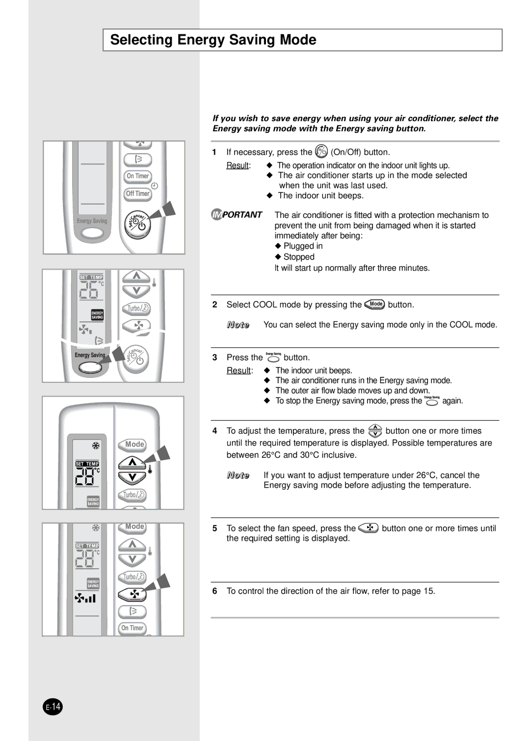 Samsung SC07AS2X, SC18AS0X, SC09AS2X, SC24AS6X, SC12AS4X manual Selecting Energy Saving Mode 