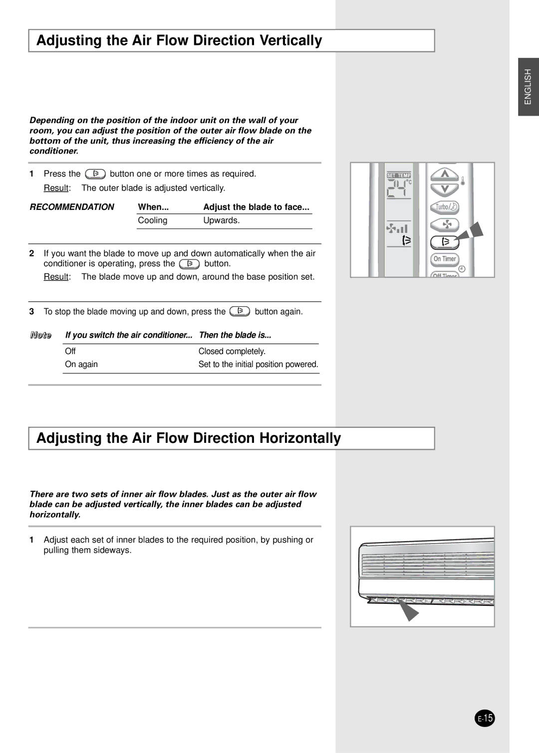 Samsung SC18AS0, SC12AS4 manual Adjusting the Air Flow Direction Vertically, Adjusting the Air Flow Direction Horizontally 