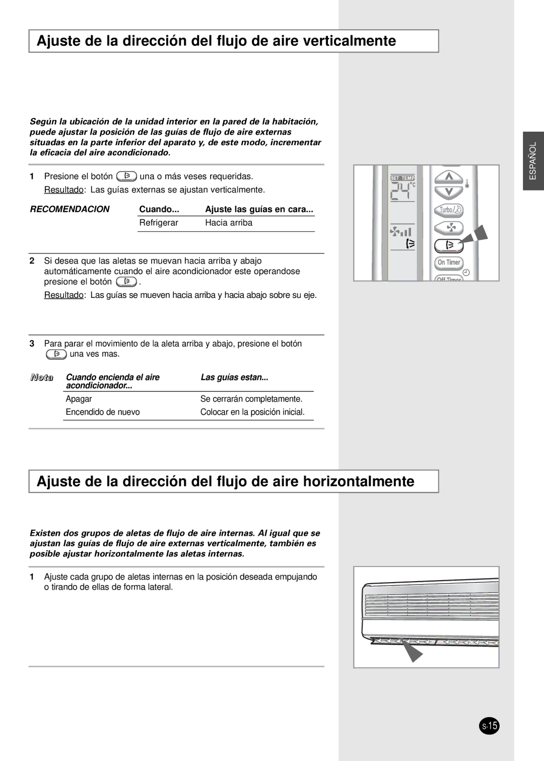 Samsung SC12AS4, SC07AS2X, SC18AS0X, SC09AS2X, SC24AS6X manual Ajuste de la dirección del flujo de aire verticalmente 