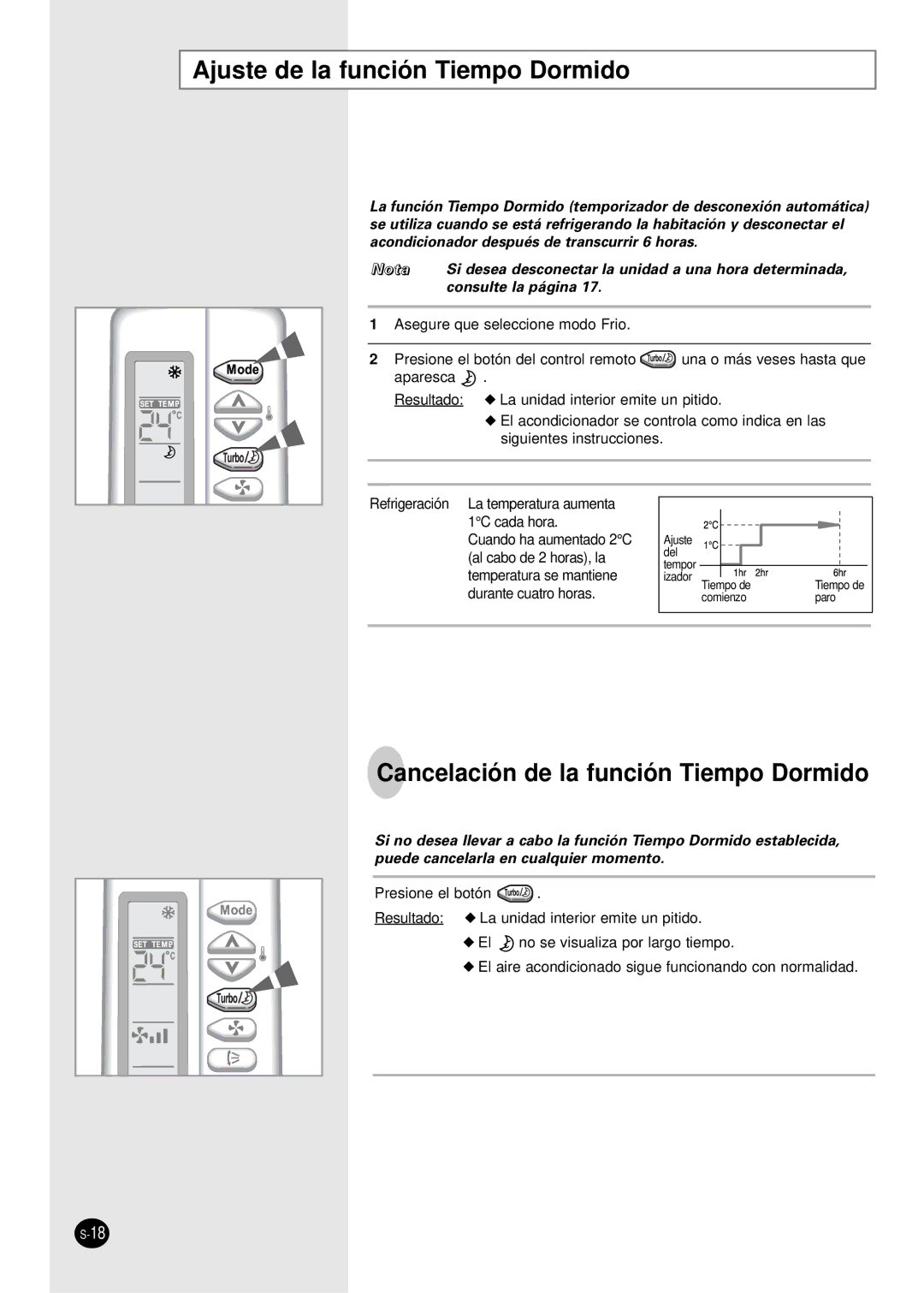 Samsung SC24AS6X, SC12AS4, SC09AS2, SC07AS2X Ajuste de la función Tiempo Dormido, Cancelación de la función Tiempo Dormido 