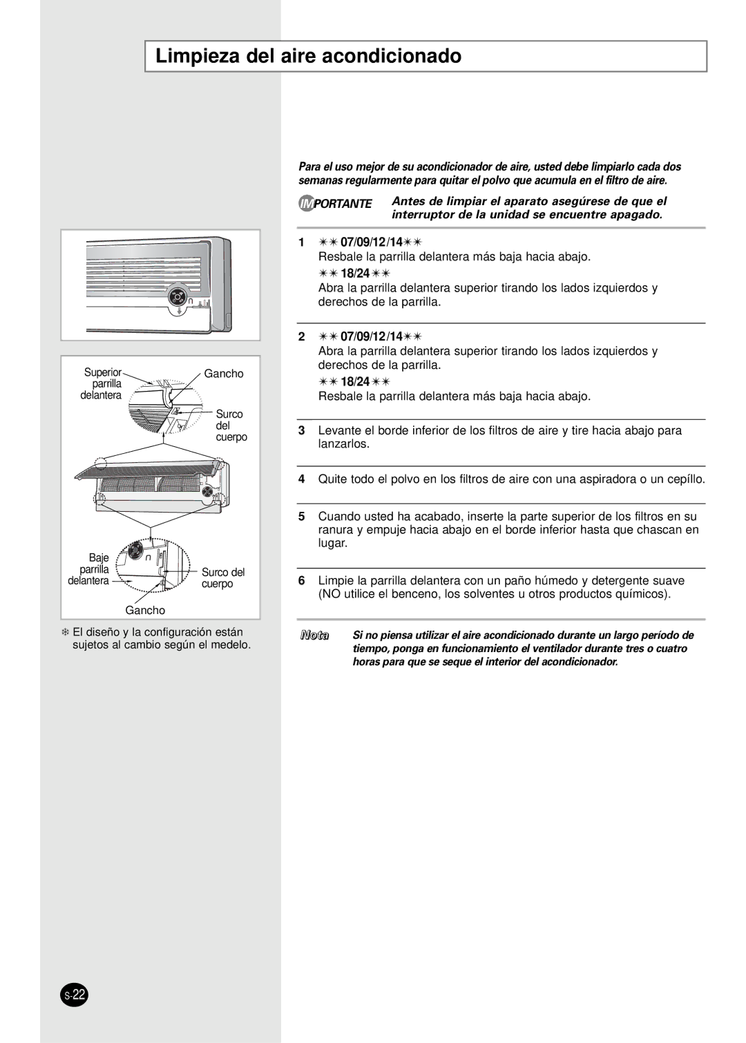 Samsung SC07AS2X, SC18AS0X, SC09AS2X, SC24AS6X, SC12AS4X manual Limpieza del aire acondicionado, 07/09/12/14 