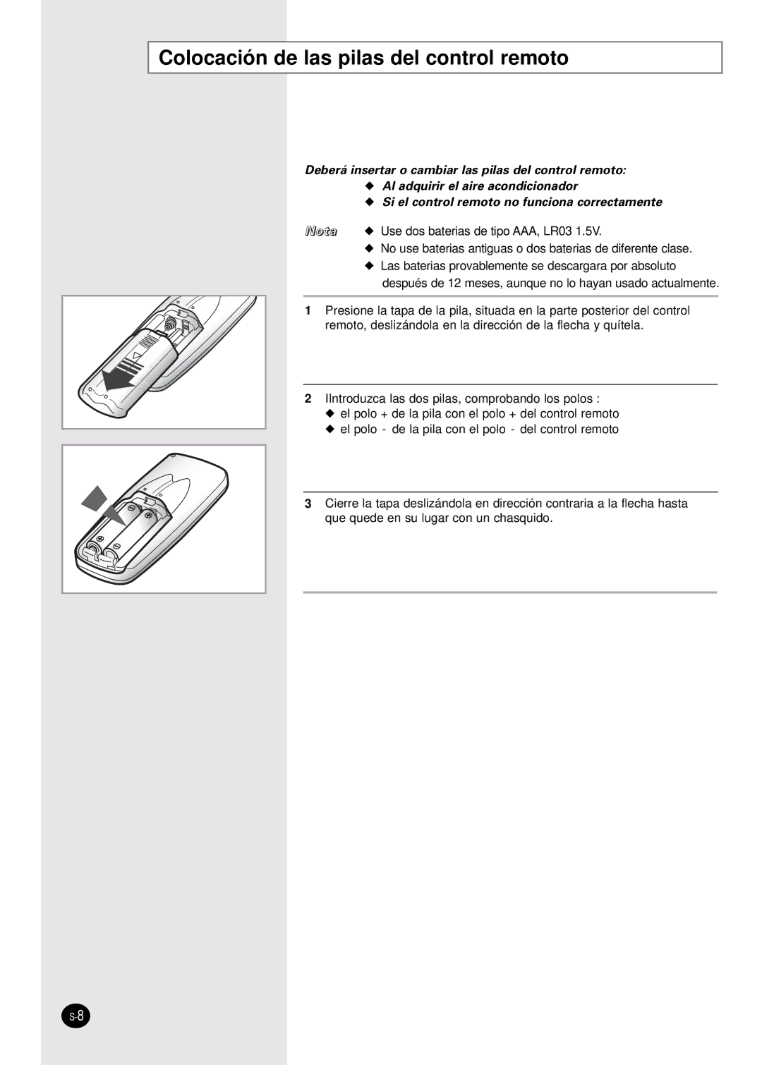 Samsung SC24AS6X, SC07AS2X, SC18AS0X, SC09AS2X, SC12AS4X manual Colocación de las pilas del control remoto 