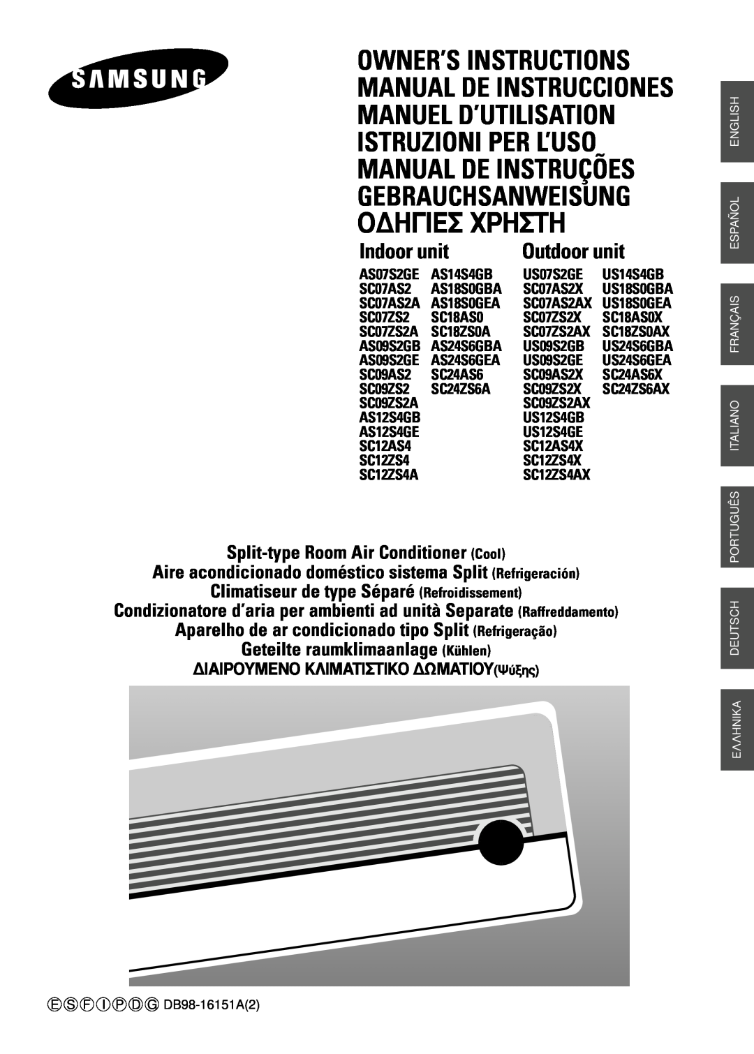 Samsung SC09AS2 manual Split-type Room Air Conditioner Cool, Aire acondicionado doméstico sistema Split Refrigeración 