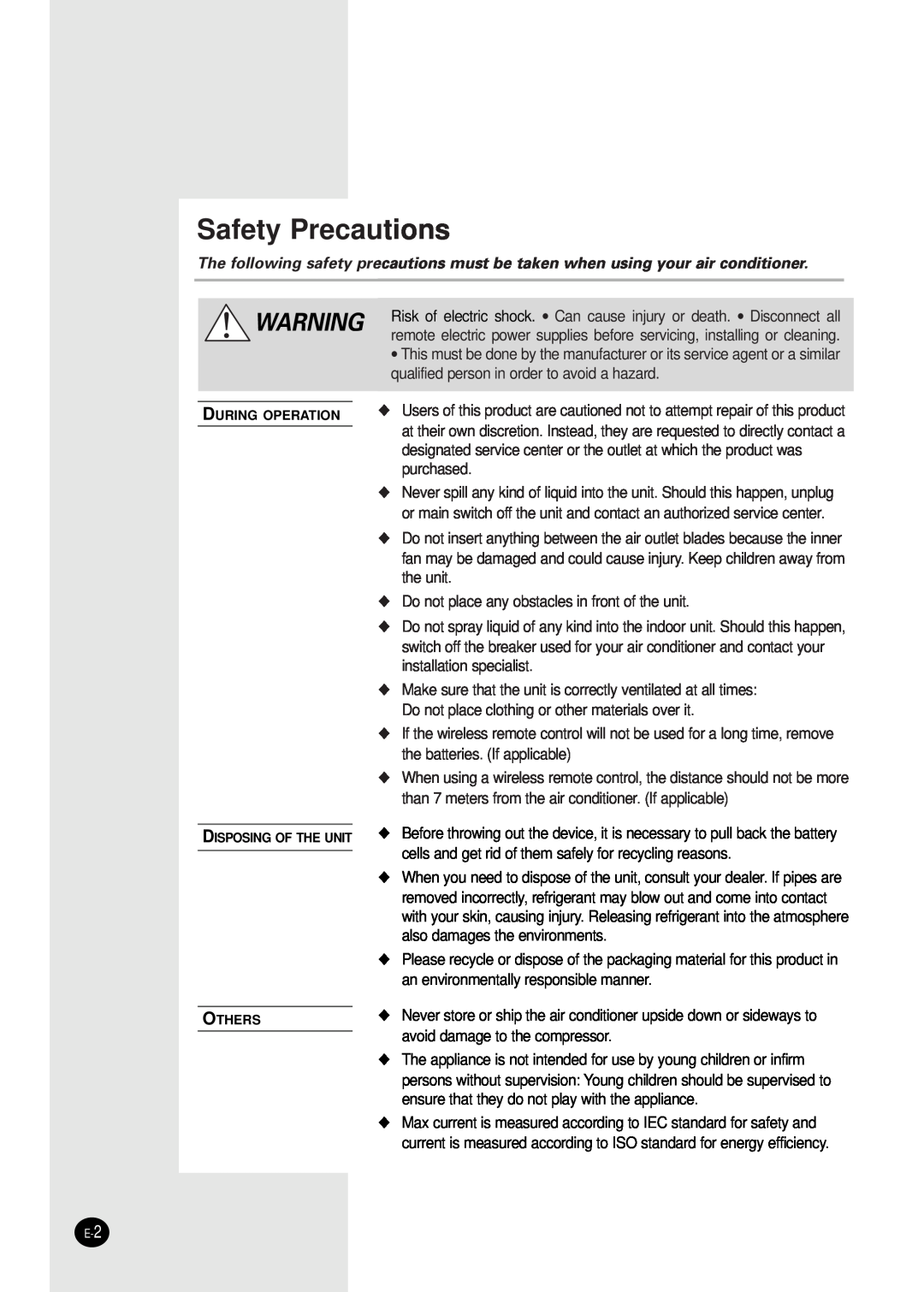 Samsung SC07AS2X, SC18AS0X, SC09AS2X, SC24AS6X, SC12AS4X manual Safety Precautions 