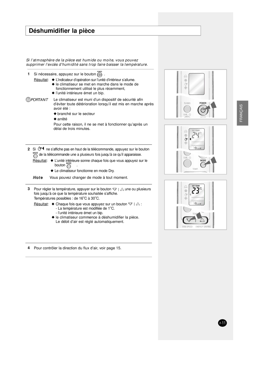 Samsung SC12AWHD, SC09AW8 manual Déshumidifier la pièce 