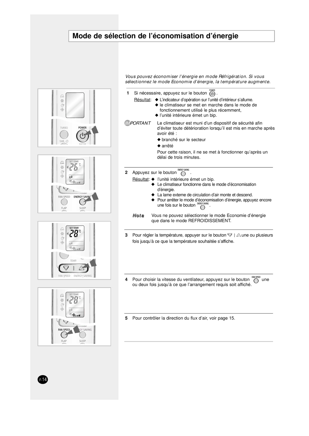 Samsung SC09AW8, SC12AWHD manual Mode de sélection de l’économisation d’énergie 