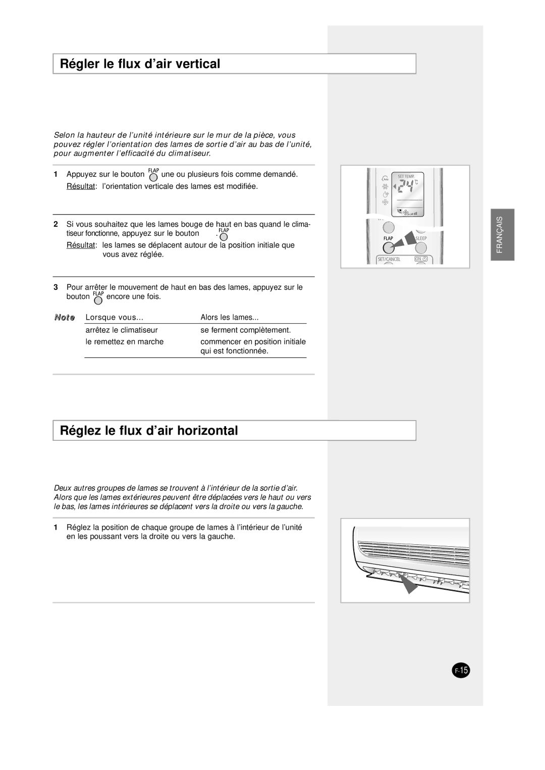 Samsung SC12AWHD, SC09AW8 manual Régler le flux d’air vertical, Réglez le flux d’air horizontal 