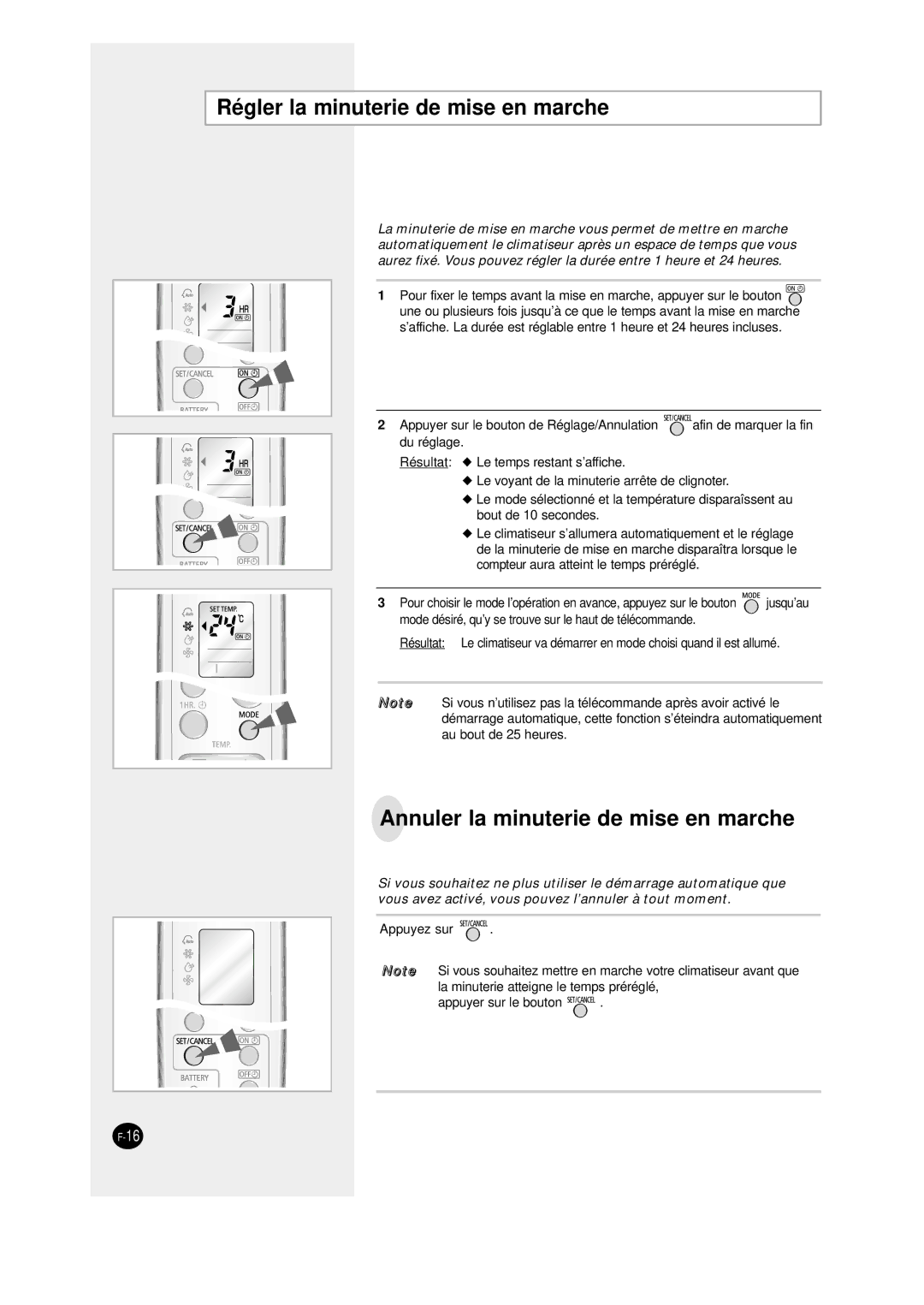 Samsung SC09AW8, SC12AWHD manual Régler la minuterie de mise en marche, Annuler la minuterie de mise en marche 