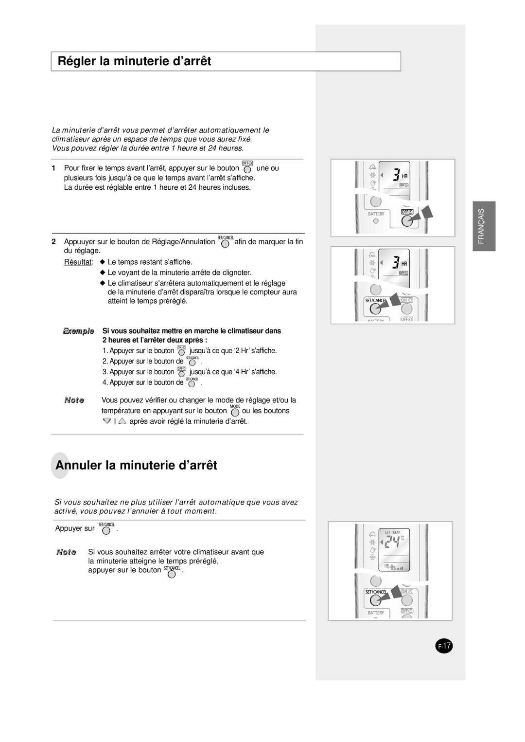 Samsung SC12AWHD, SC09AW8 manual Régler la minuterie d’arrêt, Annuler la minuterie d’arrêt 