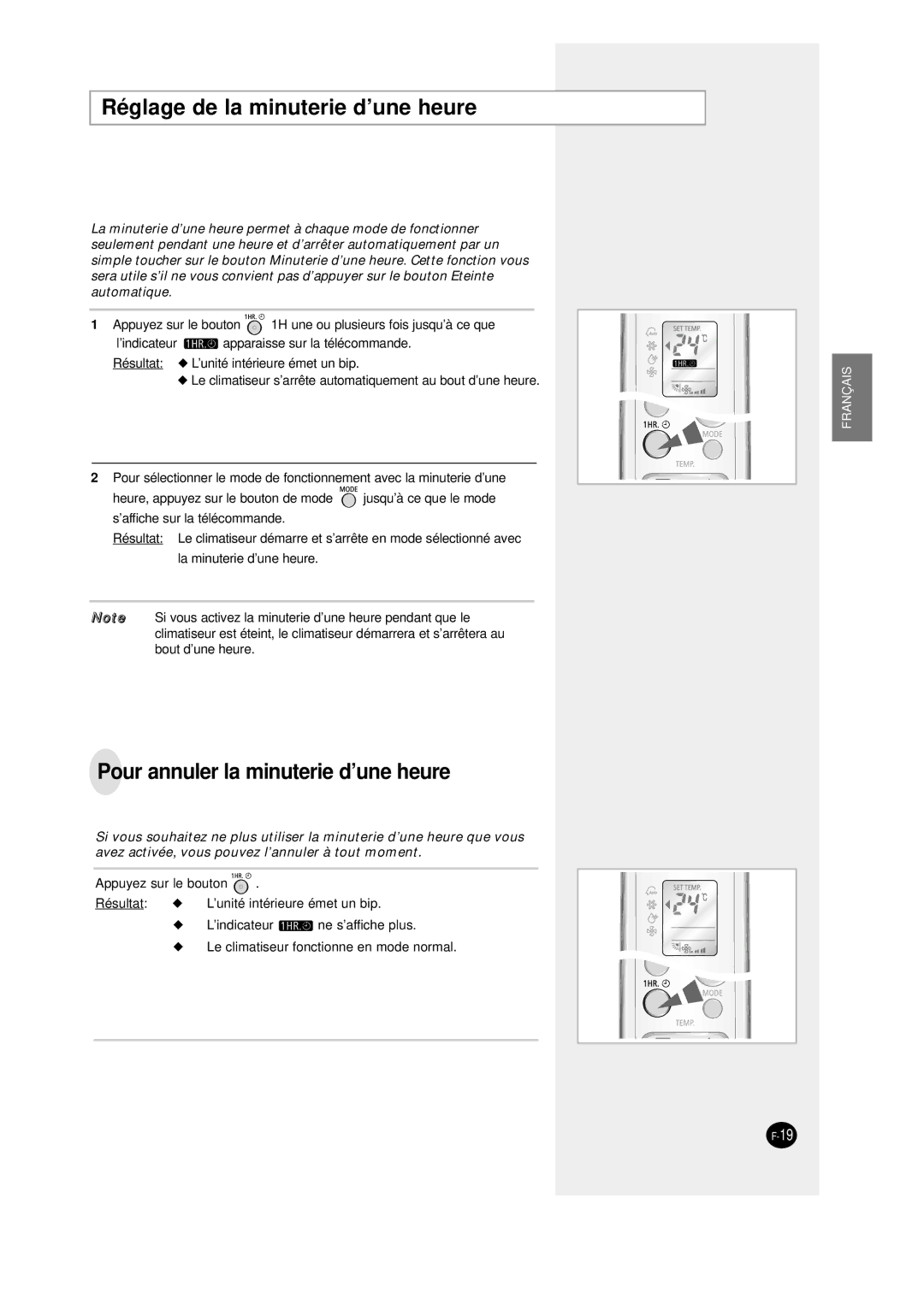 Samsung SC12AWHD, SC09AW8 manual Réglage de la minuterie d’une heure, Pour annuler la minuterie d’une heure 