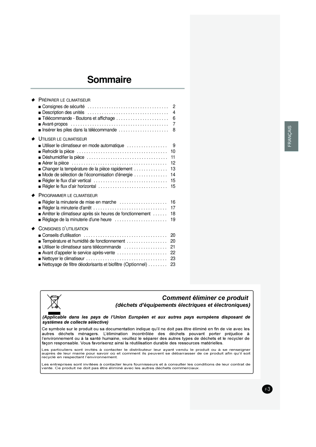 Samsung SC12AWHD, SC09AW8 manual Sommaire 