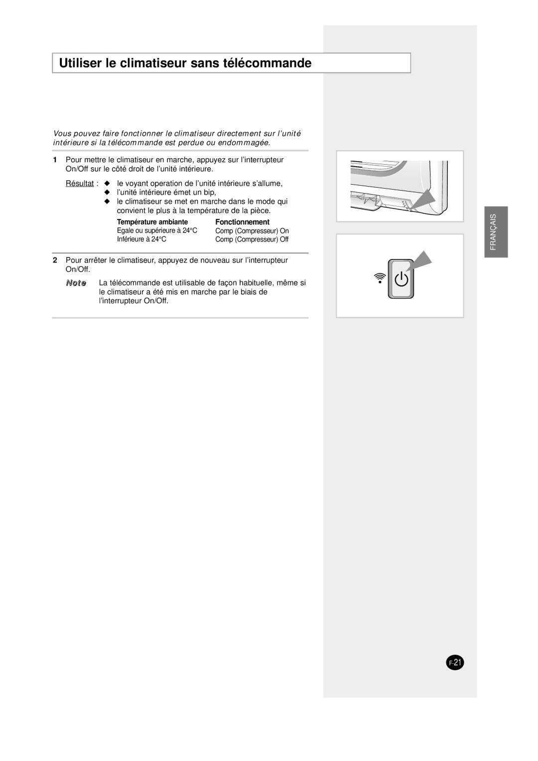 Samsung SC12AWHD, SC09AW8 manual Utiliser le climatiseur sans télécommande, Température ambiante Fonctionnement 