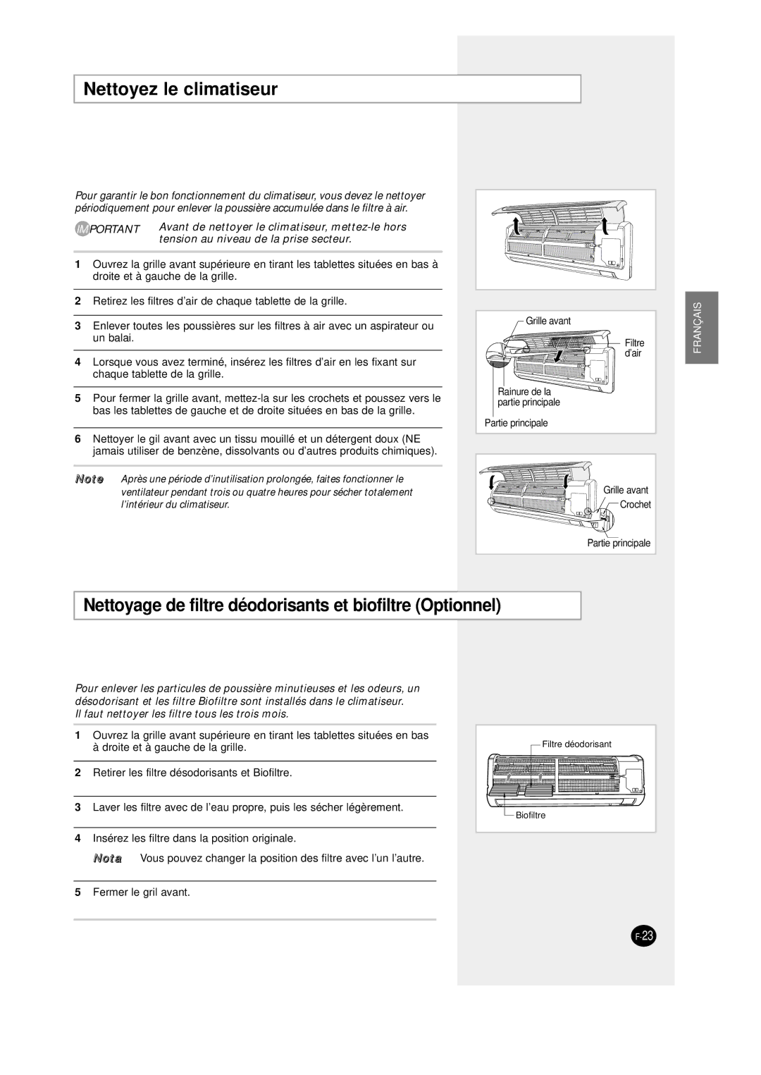 Samsung SC12AWHD, SC09AW8 manual Nettoyez le climatiseur, Nettoyage de filtre déodorisants et biofiltre Optionnel 