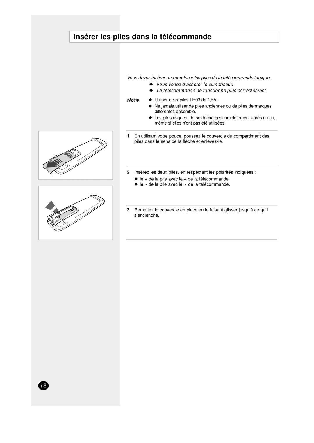 Samsung SC09AW8, SC12AWHD manual Insérer les piles dans la télécommande 