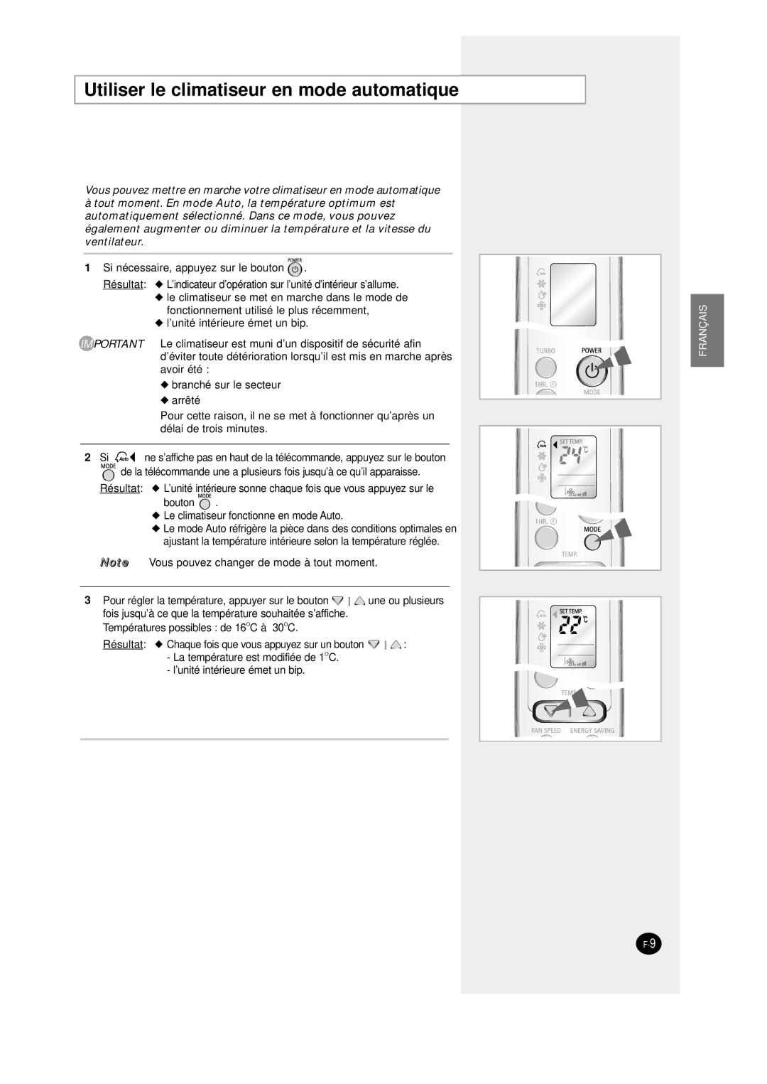 Samsung SC12AWHD, SC09AW8 manual Utiliser le climatiseur en mode automatique, Bouton Le climatiseur fonctionne en mode Auto 