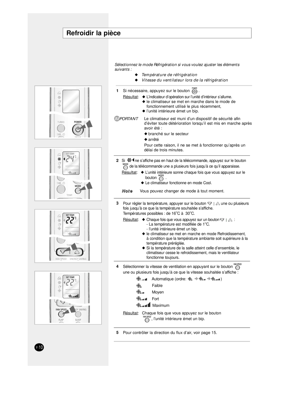 Samsung SC09AW8, SC12AWHD manual Refroidir la pièce, Vitesse du ventilateur lors de la réfrigération 