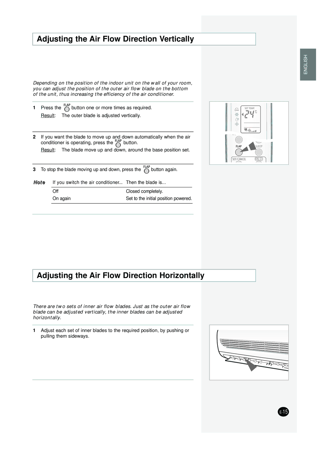 Samsung SC09AW8, SC12AWHD manual Adjusting the Air Flow Direction Vertically, Adjusting the Air Flow Direction Horizontally 