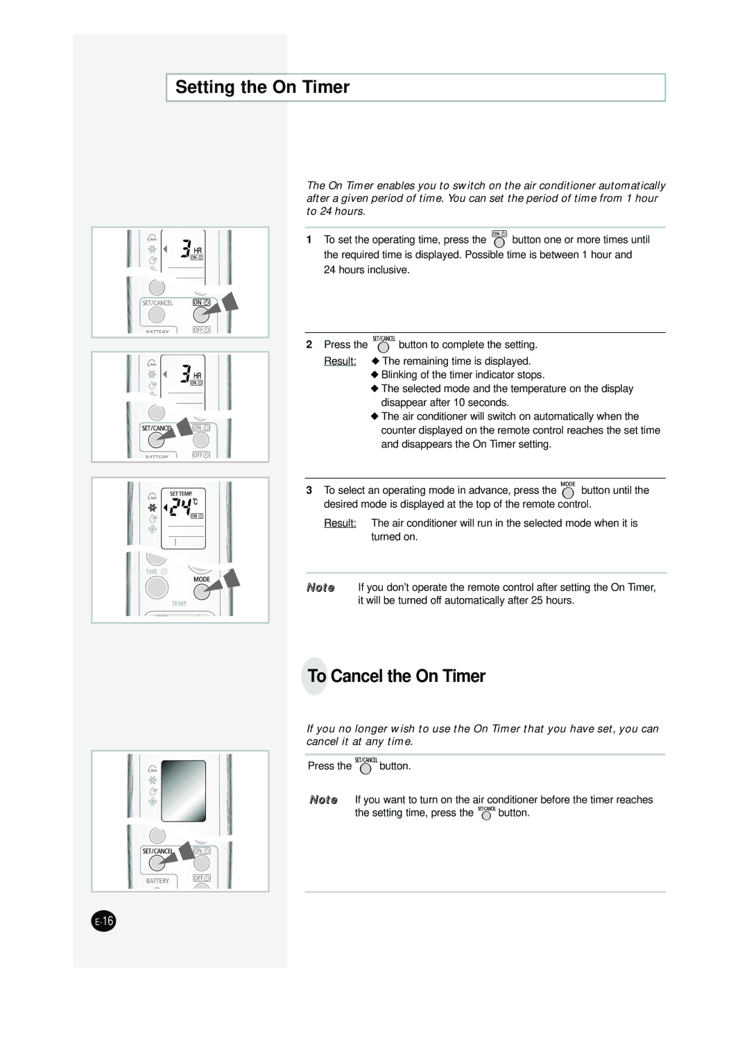 Samsung SC12AWHD, SC09AW8 manual Setting the On Timer, To Cancel the On Timer 