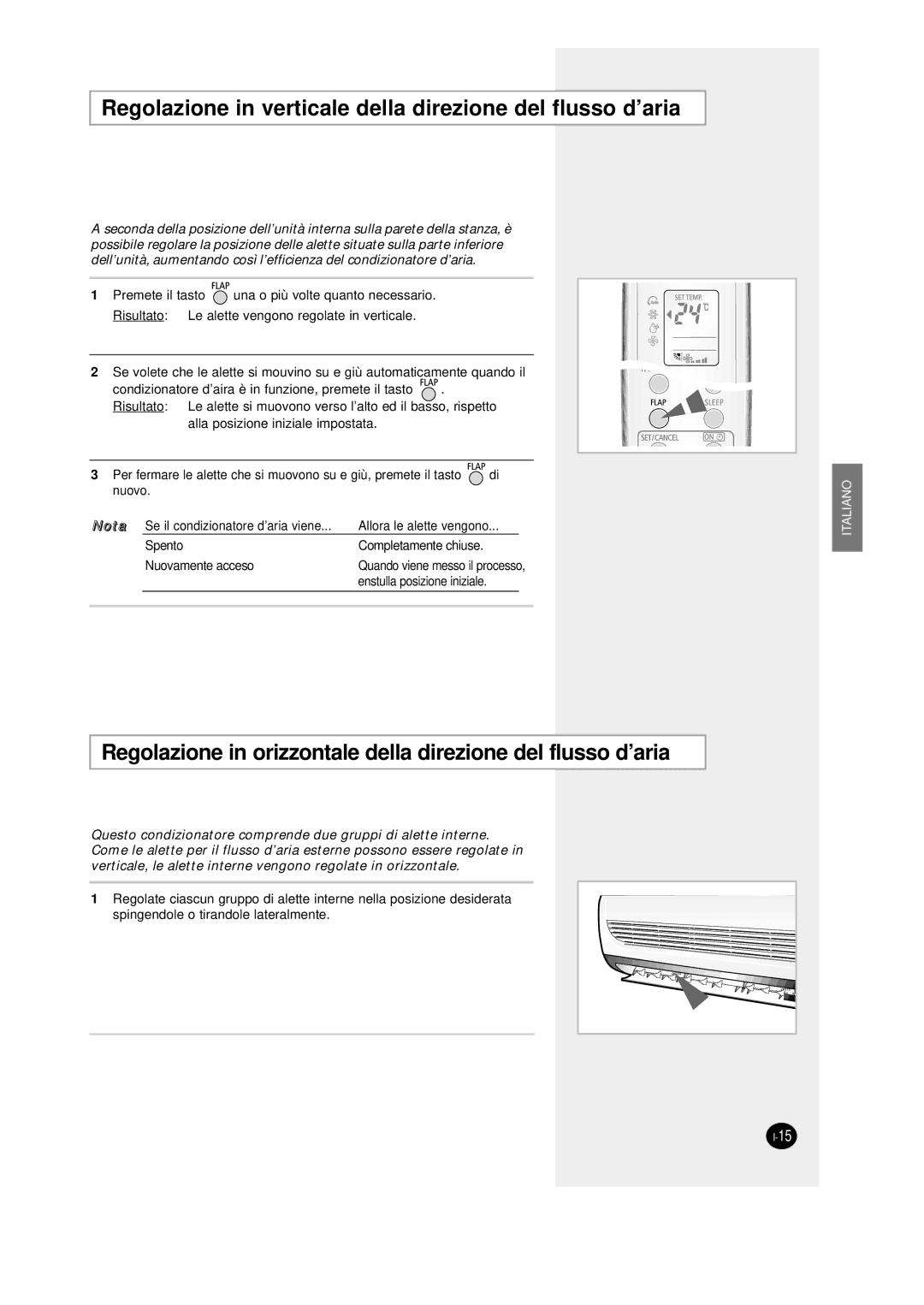 Samsung SC12AWHD manual Regolazione in verticale della direzione del flusso d’aria 