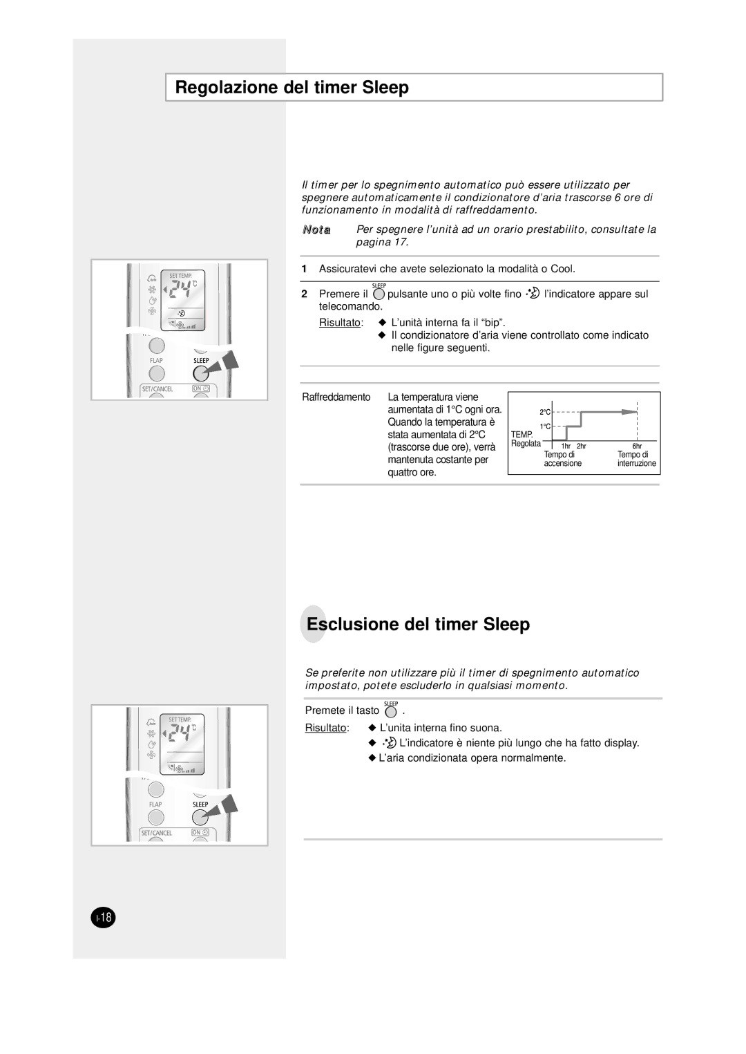 Samsung SC12AWHD manual Regolazione del timer Sleep, Esclusione del timer Sleep 